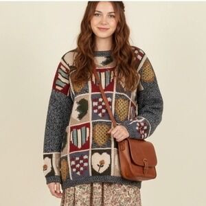 VTG Jennifer‎ Reed Wool Knit Sweater Women Heart Flower Patchwork Oversized L/XL